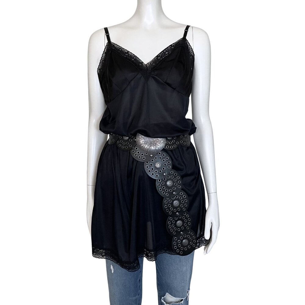 Vintage Black Satin Lingerie Slip Dress Lace Trim Chemise. M/L 22. Boho Coquette - Picture 7 of 12